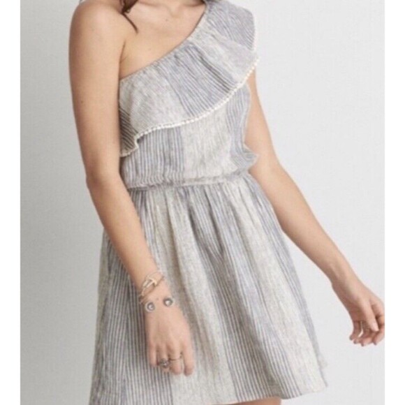 American Eagle Small One Shoulder Ruffle Dress Mini Striped Chambray Blue White - Picture 1 of 5